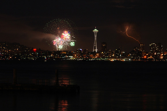 Fireworks, Space Needle, Lightning
